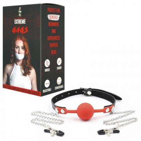 Mordaza Ball Gag con Pinzas Para Pezones